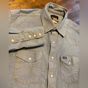Wrangler Shirt Men Blue Denim Jean Western Pearl Snap Long Sleeve Rodeo Chambray